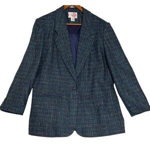 Vintage Ready To Wind Down Women Blazer L Navy Tweed Wool 1Front & 3 Cuff Button